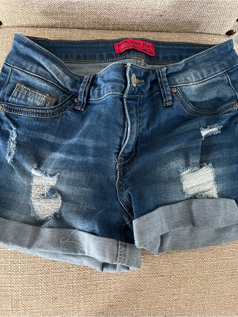 Wax Jean Blue Distressed Rolled-Hem Denim Shorts